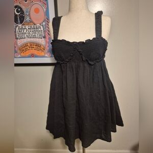 Free People Black Baby Doll Gauze Dress Med Pockets Tie Back Ruching